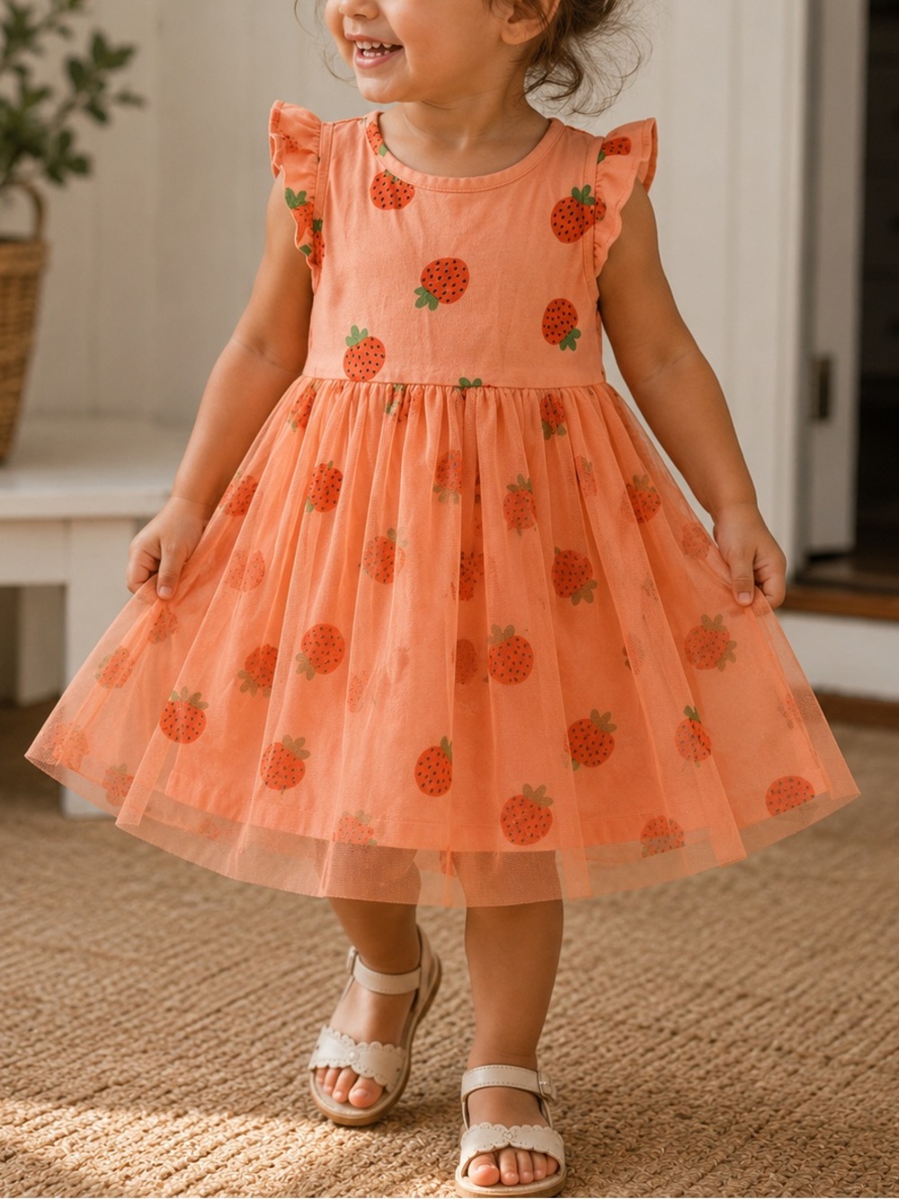 Hanna Andersson Girls Pink Strawberry Print Tulle Skater Dress Cotton